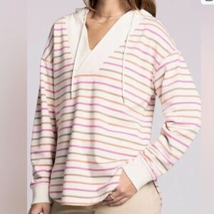 Striped Hooded V-Neck Pullover Top - Cream with Pink & Tan Stripes